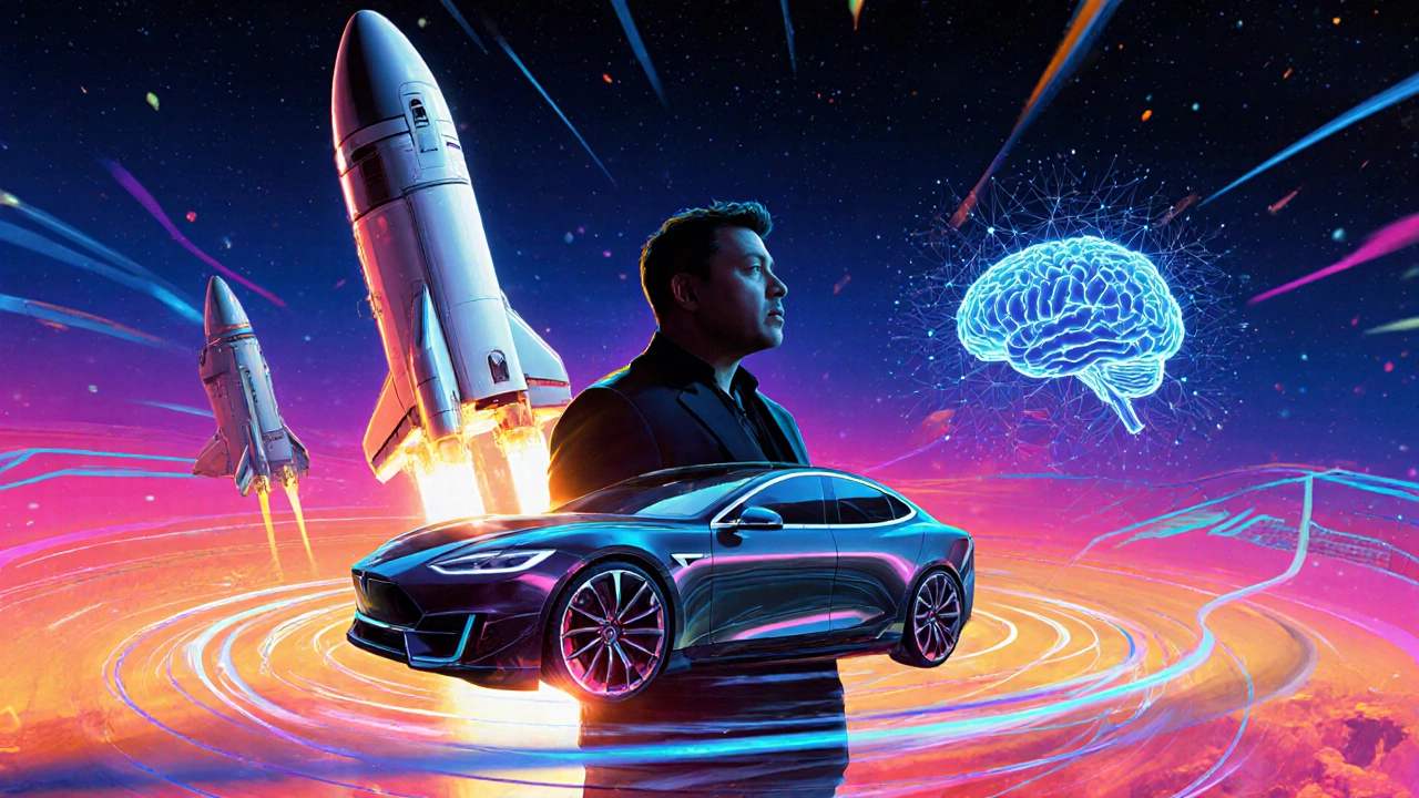 Яркая иллюстрация проектов SpaceX, Tesla и Neuralink в динамичной композиции.