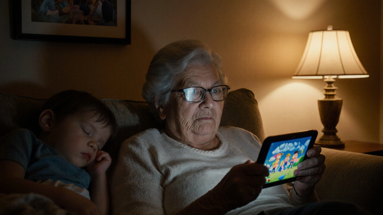 Бабушка играет в мобильную онлайн-игру в уютной гостиной ночью.
