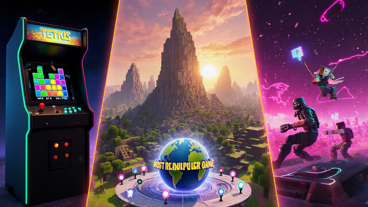 Эволюция игр: аркадный Tetris, мир Minecraft и Fortnite‑арена соединяются в светящуюся сферу.