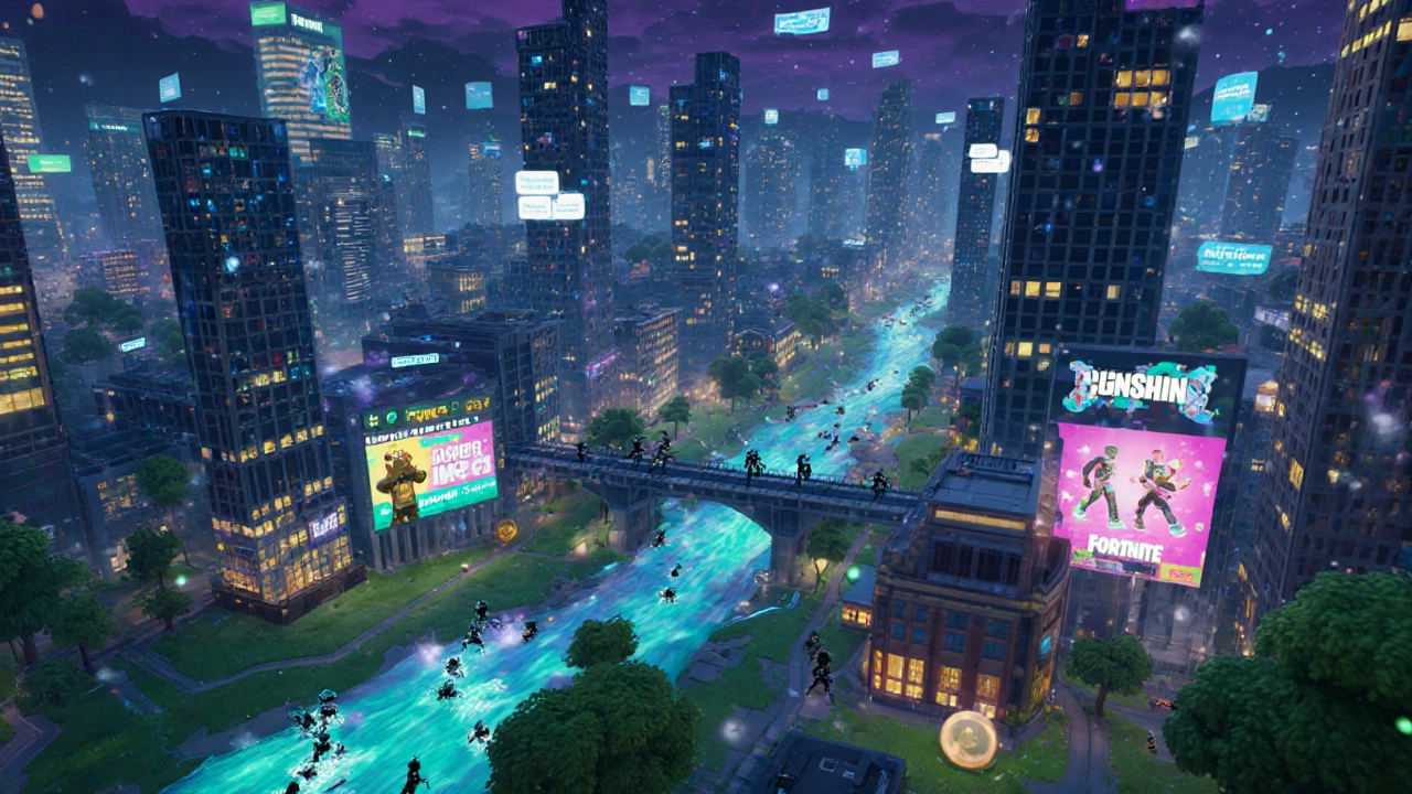Fortnite как живой виртуальный город с небоскрёбами из игровых элементов и светящимися путями.