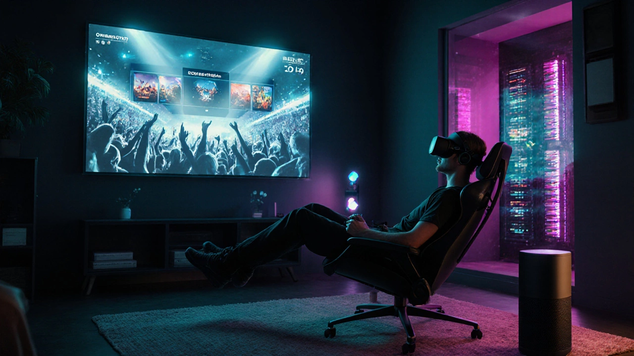 Футуристическая комната с геймером в VR, голографическим облачным сервисом и киберспортивным трансляцией.