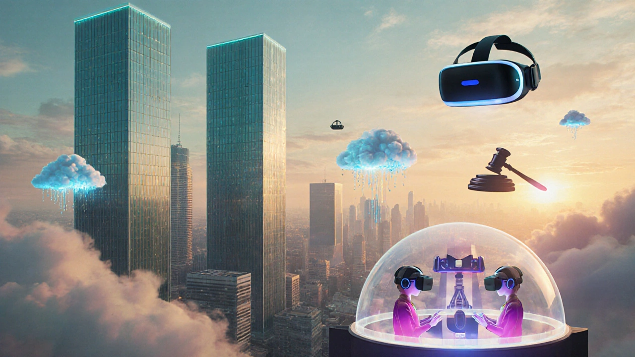 Футуристический город с облачными серверами и VR‑аватарами, символизирующий будущие игровые тенденции.
