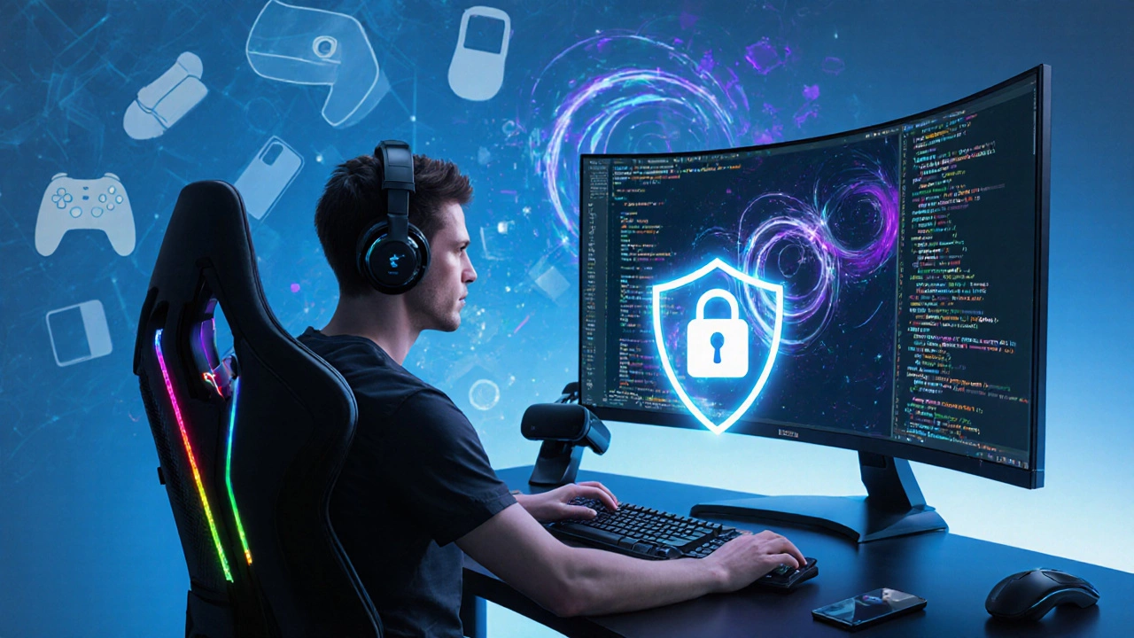 Геймер за компьютером с мобильным устройством, окружённый символами безопасности, кроссплатформенности, VR/AR и ИИ‑генерации.