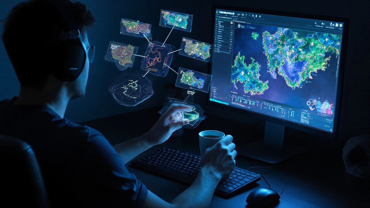 Игрок анализирует множественные игровые карты в виде голографических проекций, окружённый данными решений.