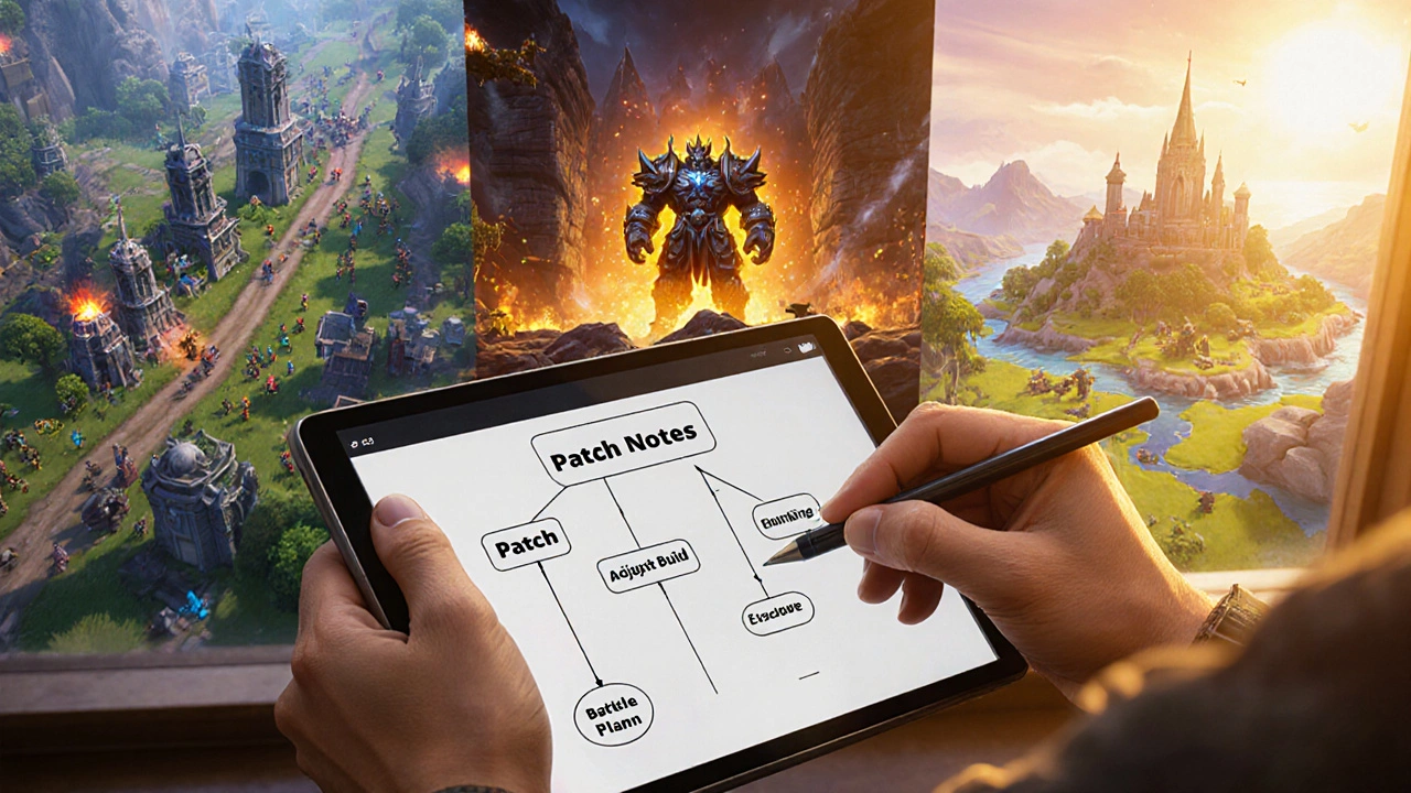 Игрок изучает патч‑ноты, а позади показываются сцены MOBA, MMORPG и Battle Royale.
