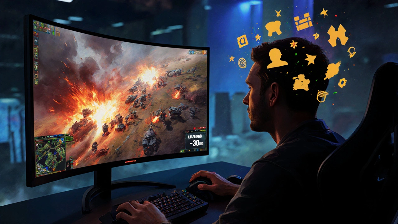 Игрок смотрит профессиональный матч RTS, вокруг него всплывают тактические иконки.