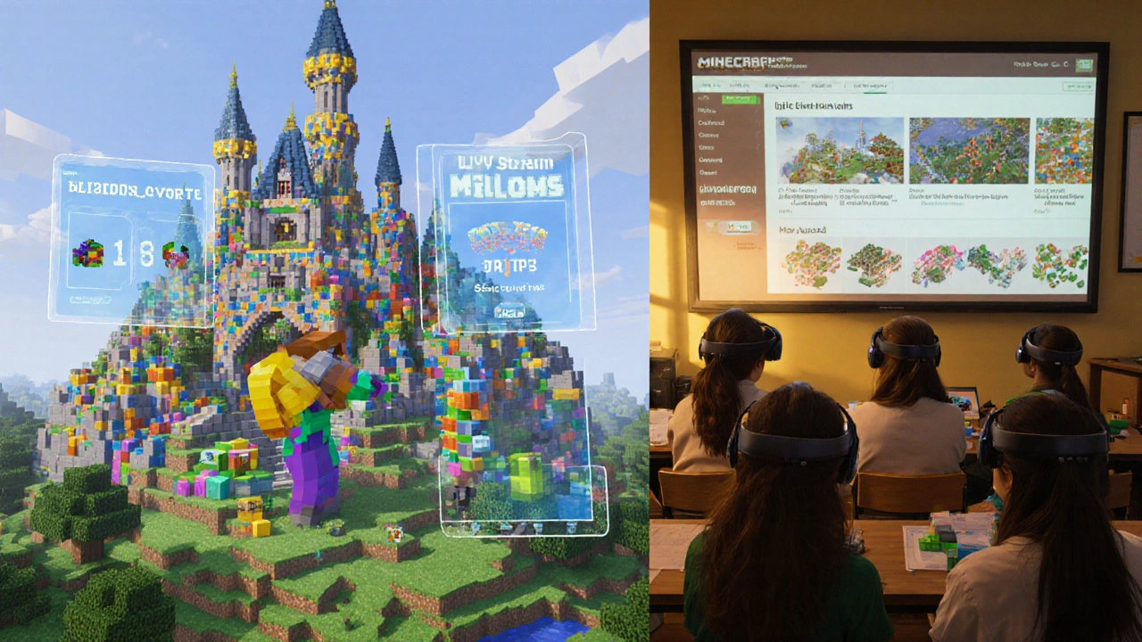 Игрок в Minecraft строит замок, рядом класс с учениками, использующими Minecraft Education.