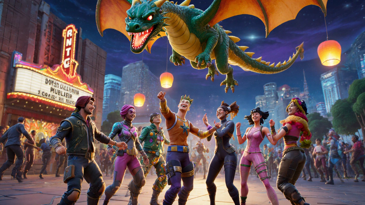 Игроки с разных устройств вместе танцуют и смеются в лобби Fortnite.