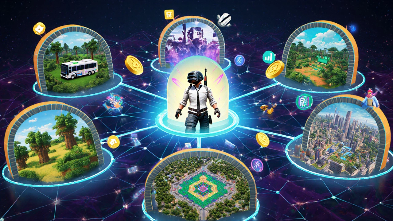 Коллаж из миров Roblox, Minecraft, Fortnite, PUBG Mobile и League of Legends, соединённых портальными арками.