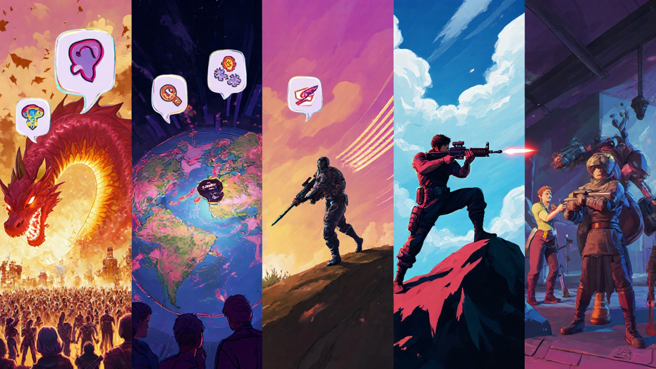 Коллаж из пяти панелей, показывающих стратегии для MMO, MOBA, Battle Royale, FPS и кооператива.