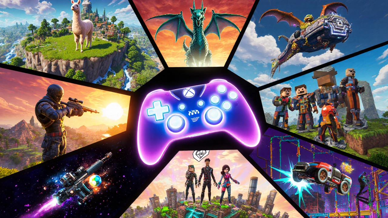 Мозаика сцен из десяти топ‑игр, таких как Fortnite, Minecraft и Among Us.