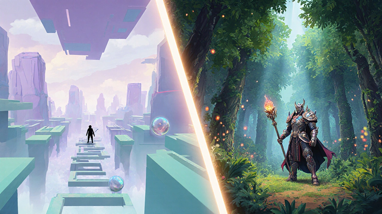 Разделённый экран: слева головоломка в стиле Monument Valley, справа персонаж RPG в фантазийном лесе.