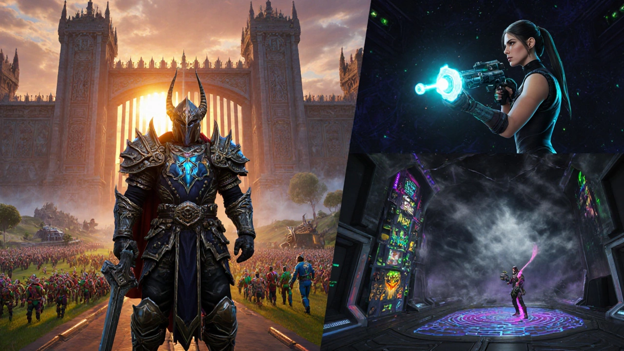 Сцена с персонажами и локациями топ‑игр 2025: World of Warcraft, Valorant, Age of Empires IV, Among Us, Fortnite, League of Legends.