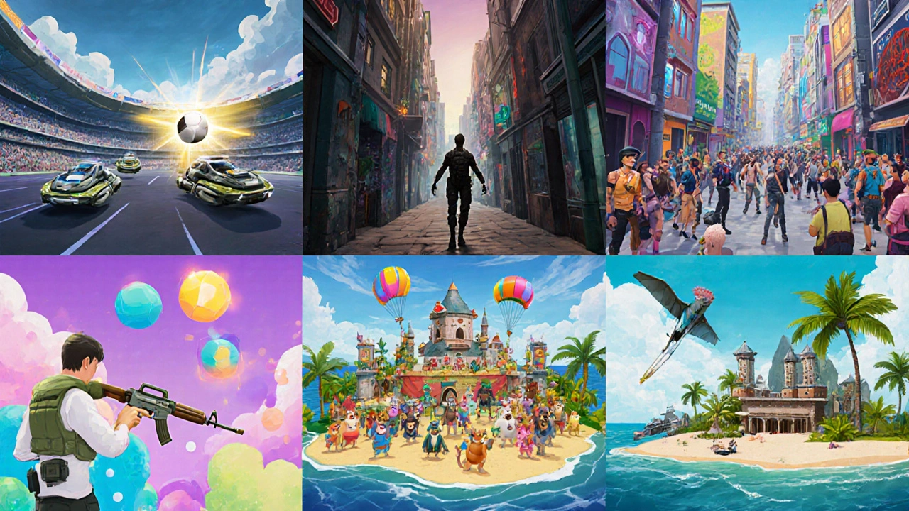 Семь сцен, представляющих различные типы онлайн‑игр: автоспорт, фэнтези‑мир, шутер, королевская битва, деревня, абстрактные формы и мобильный клан.