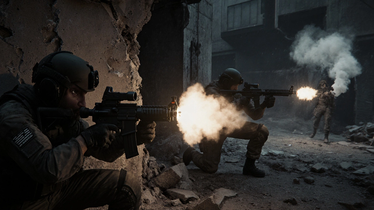 Три игрока в напряженном бою в урбанистическом ландшафте с огнём и дымом.