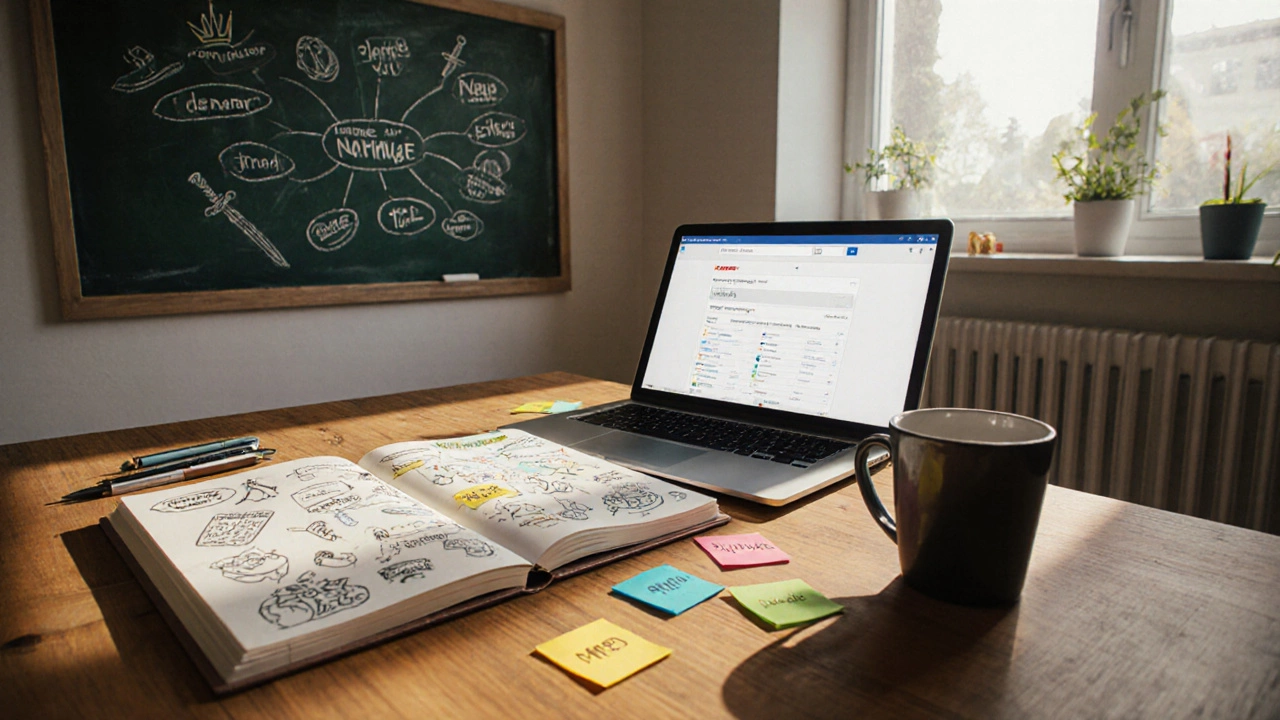 Творческий стол с набросками названий, стикерами, ноутбуком и доской, иллюстрирующий процесс выбора имени для онлайн‑игры.