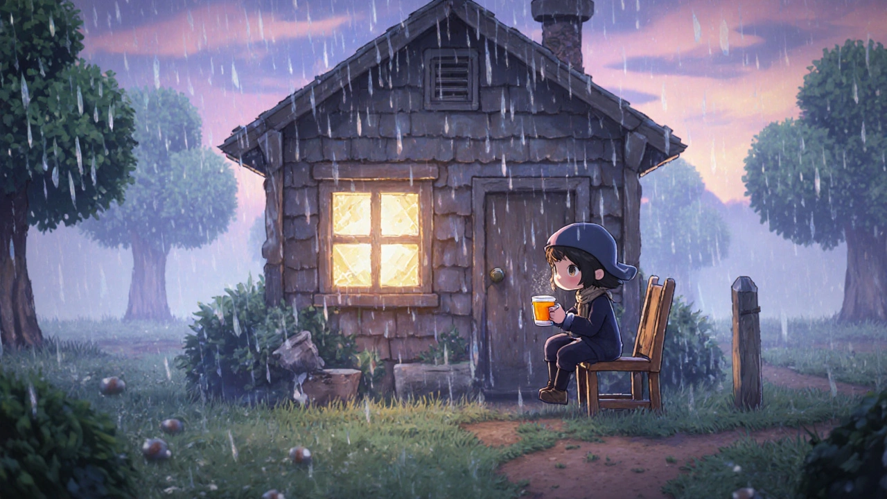 Уютный дом в Stardew Valley при дожде, персонаж с чашкой чая у окна, за окном — тихий закат и светлячки.