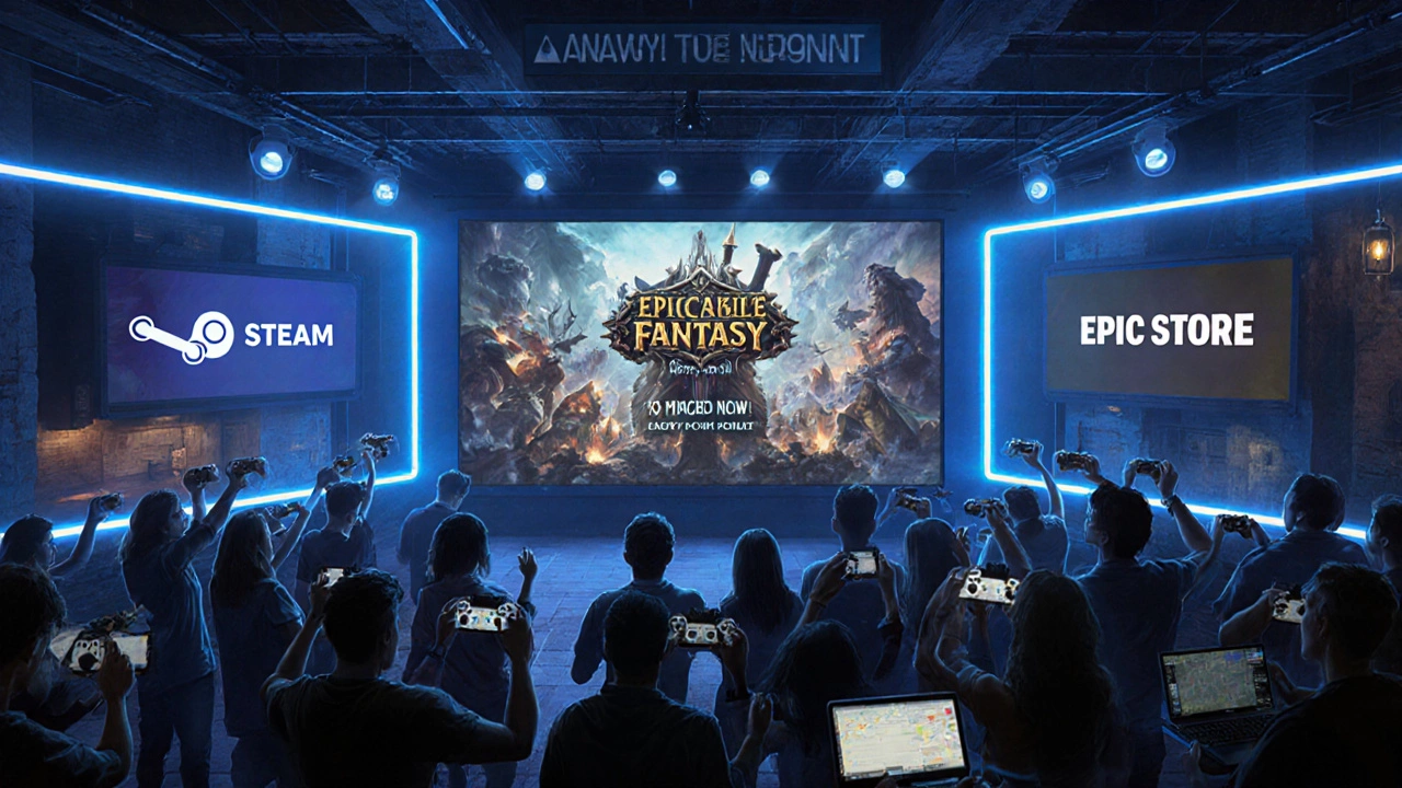 Запуск игры: люди с контроллерами перед экраном с логотипами платформ.