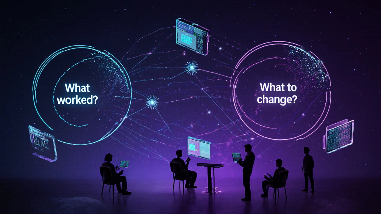 Абстрактная сцена анализа игры: три вопроса в виде светящихся кругов, соединённых потоками данных, вокруг сидят игроки.