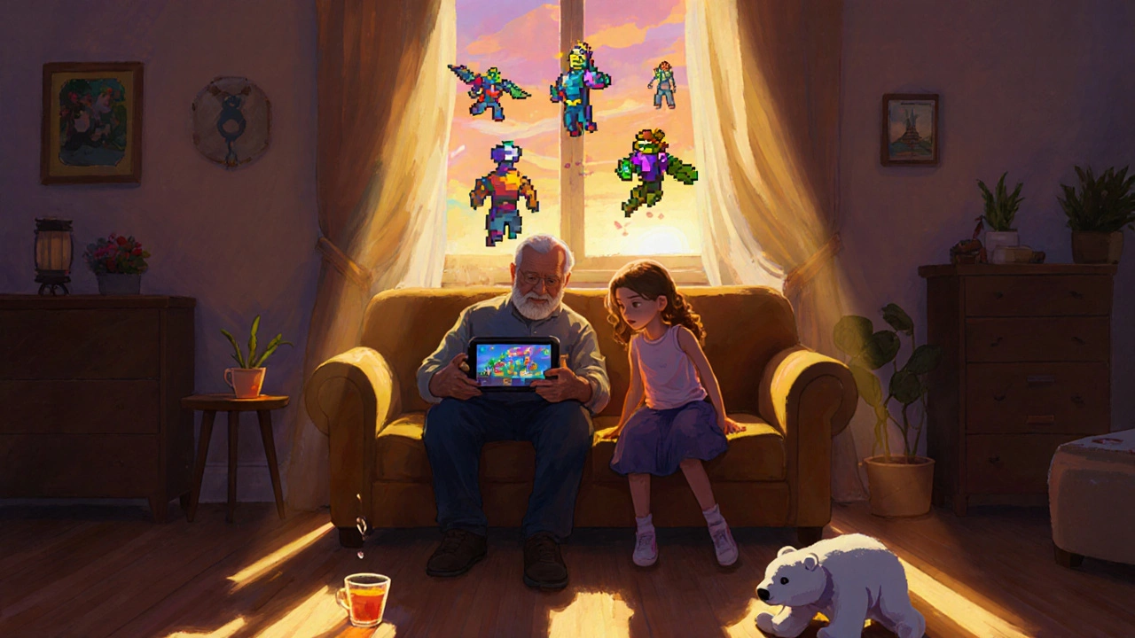 Дедушка и внучка играют в Fortnite вместе на планшете в уютной гостиной.