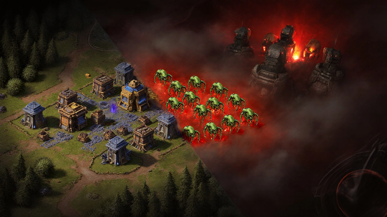 Фейковые постройки в StarCraft II отвлекают противника, в то время как скрытая армия атакует с фланга — стратегия обмана в действии.