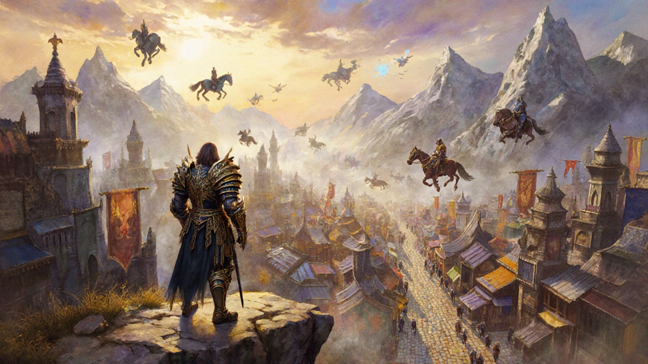 Фэнтезийный мир с городом, летающими существами и одиноким игроком на скале на рассвете.