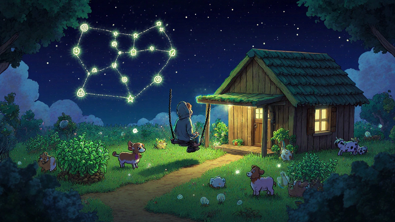 Ферма из Stardew Valley в ночном небе с плавающими растениями и звёздами.