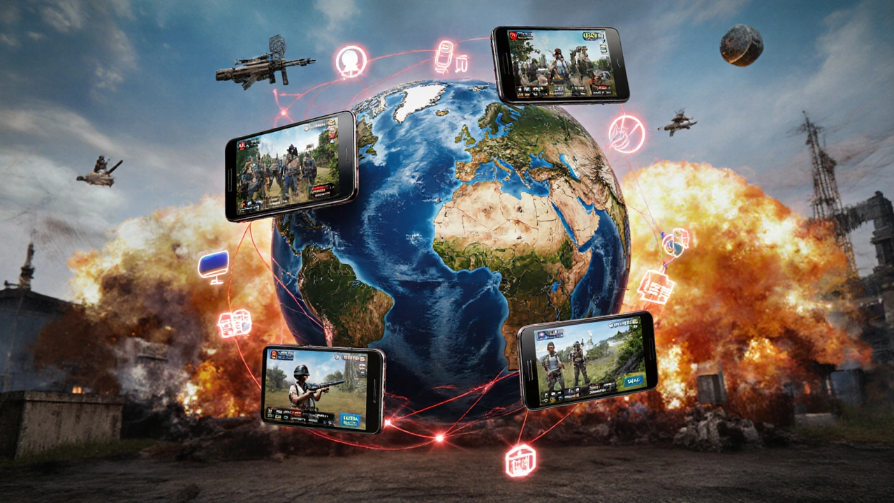 Глобальная сеть смартфонов, соединённых светящимися линиями, символизирует популярность PUBG Mobile по всему миру.
