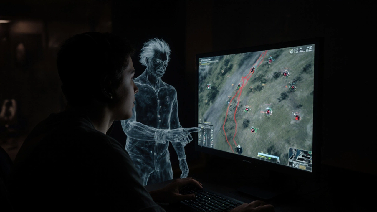 Игрок наблюдает за матчом, а за спиной — призрачный Эйнштейн указывает на нестандартную тактику.