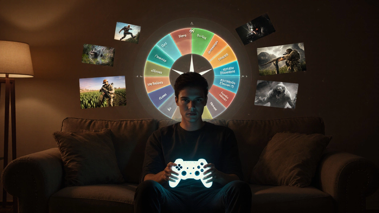 Игрок с голографическим компасом жанров, вокруг него — сцены из разных игр.