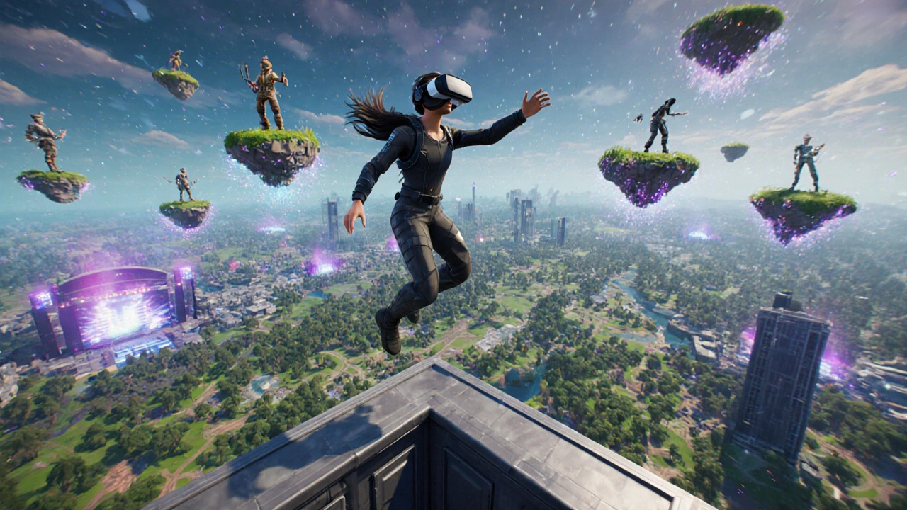 Игрок в VR-шлеме прыгает с небоскрёба в виртуальном мире Fortnite.