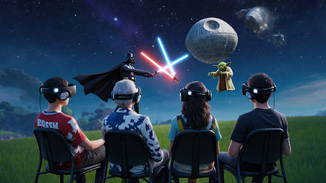 Игроки из разных стран наблюдают за битвой световых мечей в мире Fortnite.