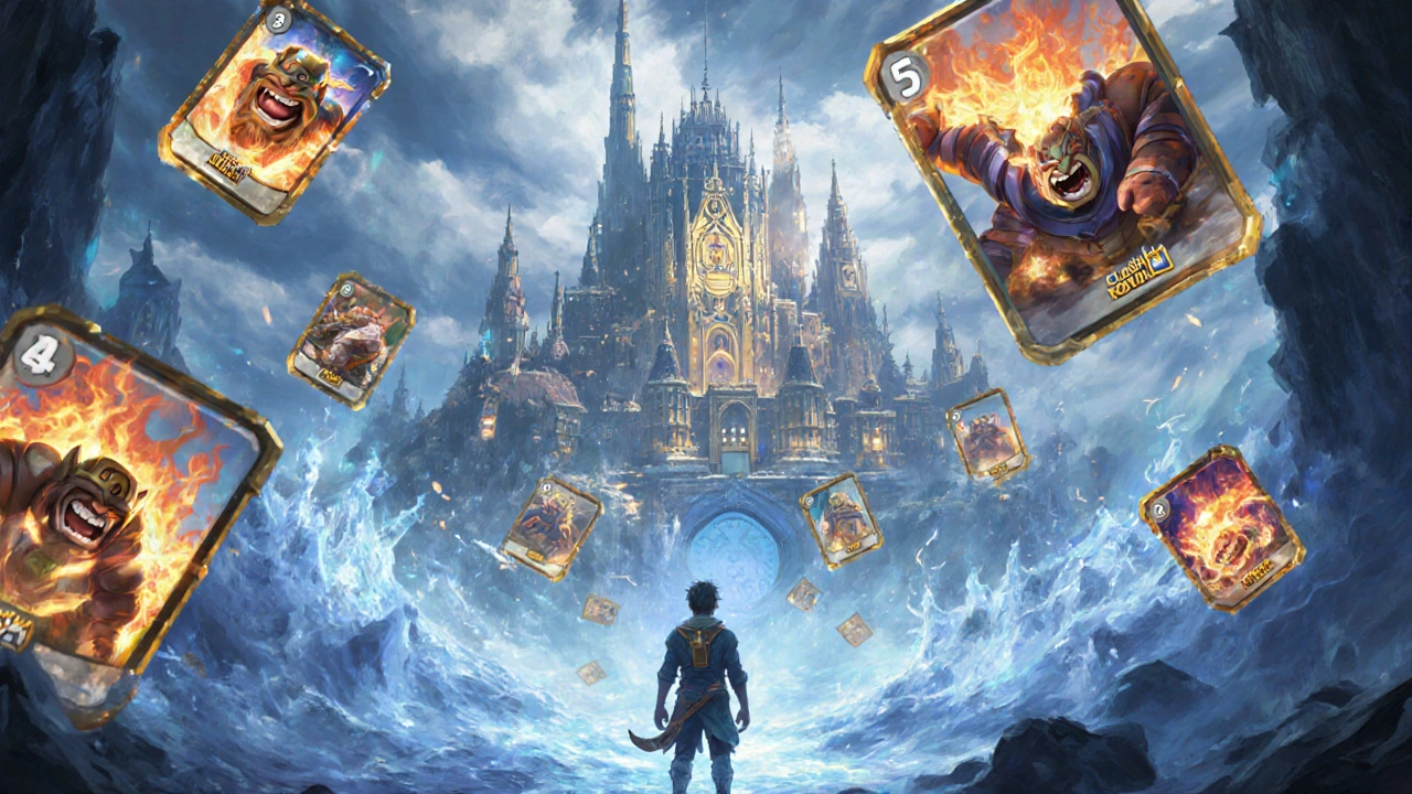 Карточки Clash Royale превращаются в магические существа, позади — волшебный город.