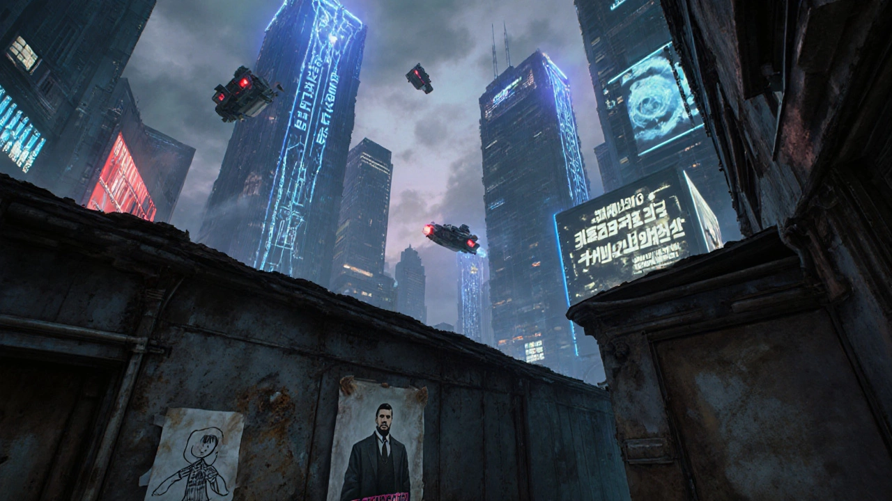 Киберпанк-город при закате с неоновыми вывесками и заброшенной аллеей с детскими рисунками на стене.