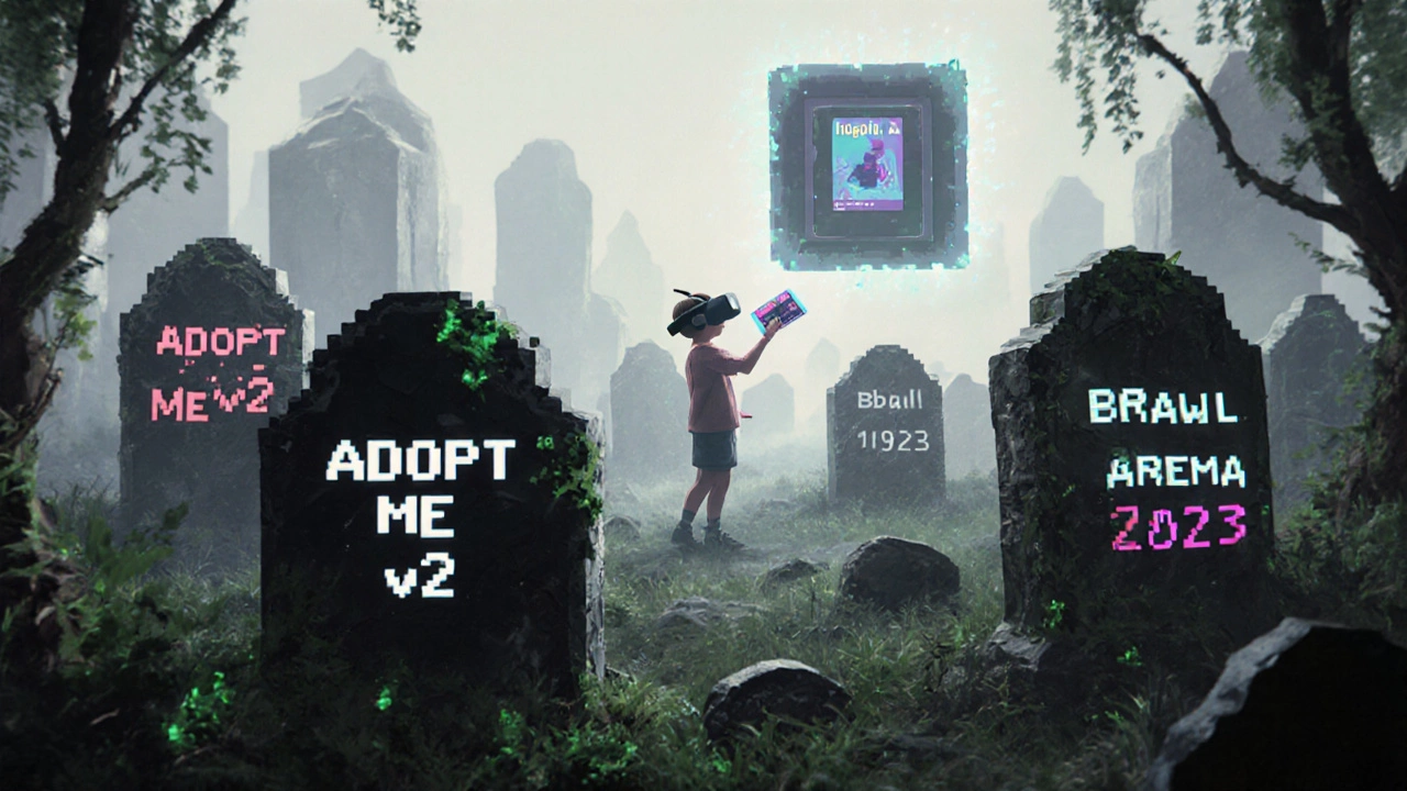 Кладбище забытых онлайн-игр с пиксельными надгробиями, вдалеке ребёнок в VR-очки добавляет новую игру.