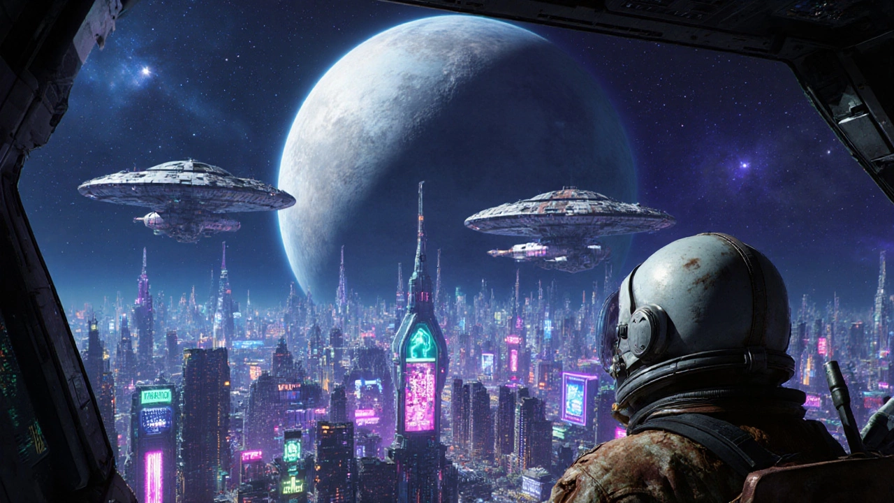 Космический город у гигантского газового гиганта, звездолеты пришвартованы к станциям.