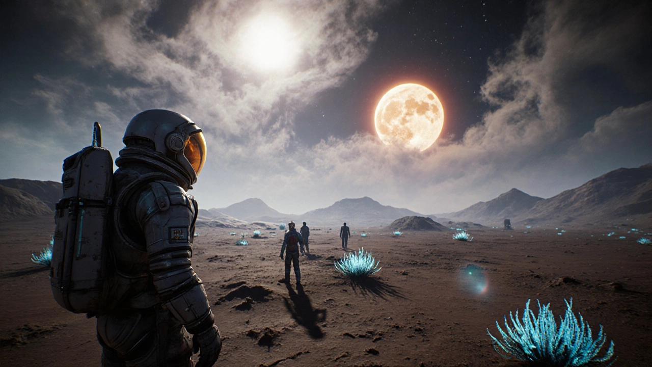 Космонавт на чужой планете с двумя солнцами, его мысли связаны с испуганными NPC.