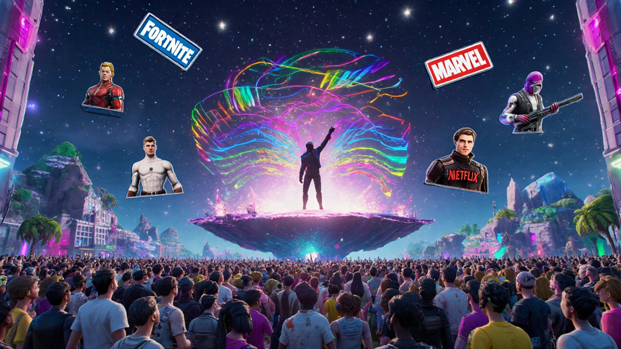 Миллионы игроков на концерте внутри Fortnite под звёздным небом.