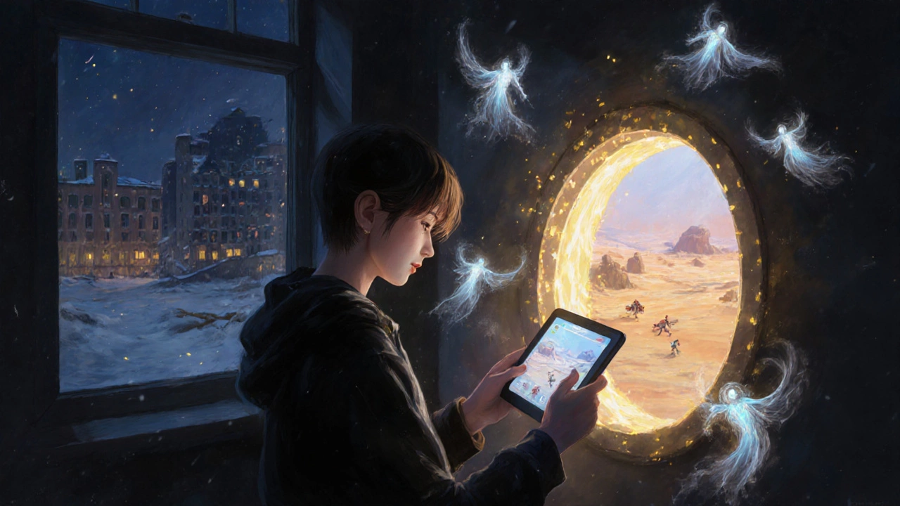 Подросток играет в Genshin Impact ночью, вокруг него витают эхо ветра и магические частицы.