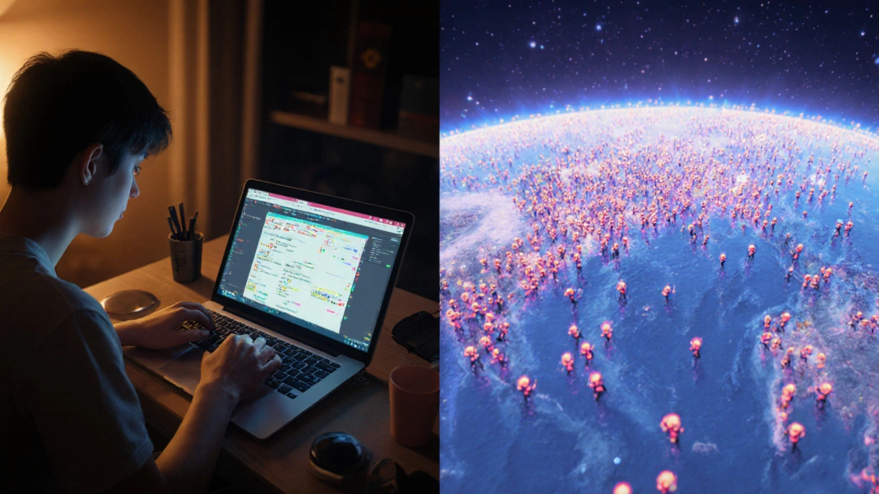 Подросток создаёт игру на ноутбуке, а в мире игры тысячи игроков взаимодействуют в реальном времени.