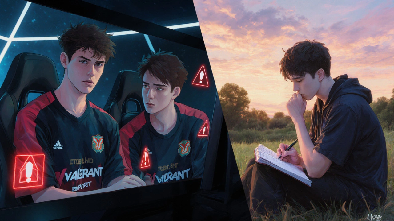 Подросток в двух мирах: агрессивная онлайн-игра и тихий вечер на свежем воздухе.