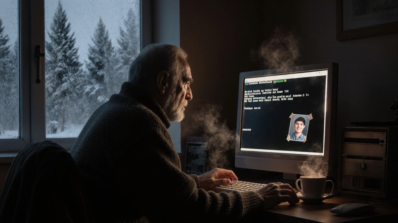 Пожилой мужчина в Сибири играет в современный MUD-сервер в тёплой комнате ночью.