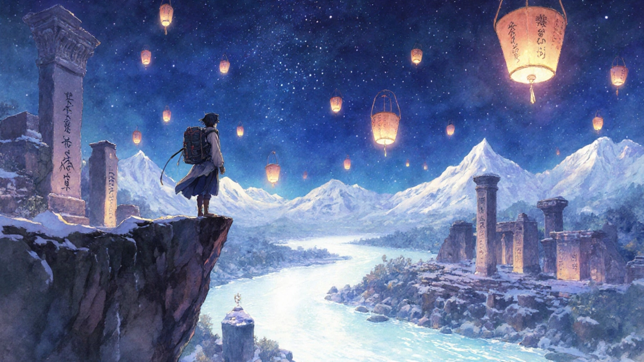 Путешественник смотрит на закат в мире Genshin Impact, над рекой плывут фонарики.