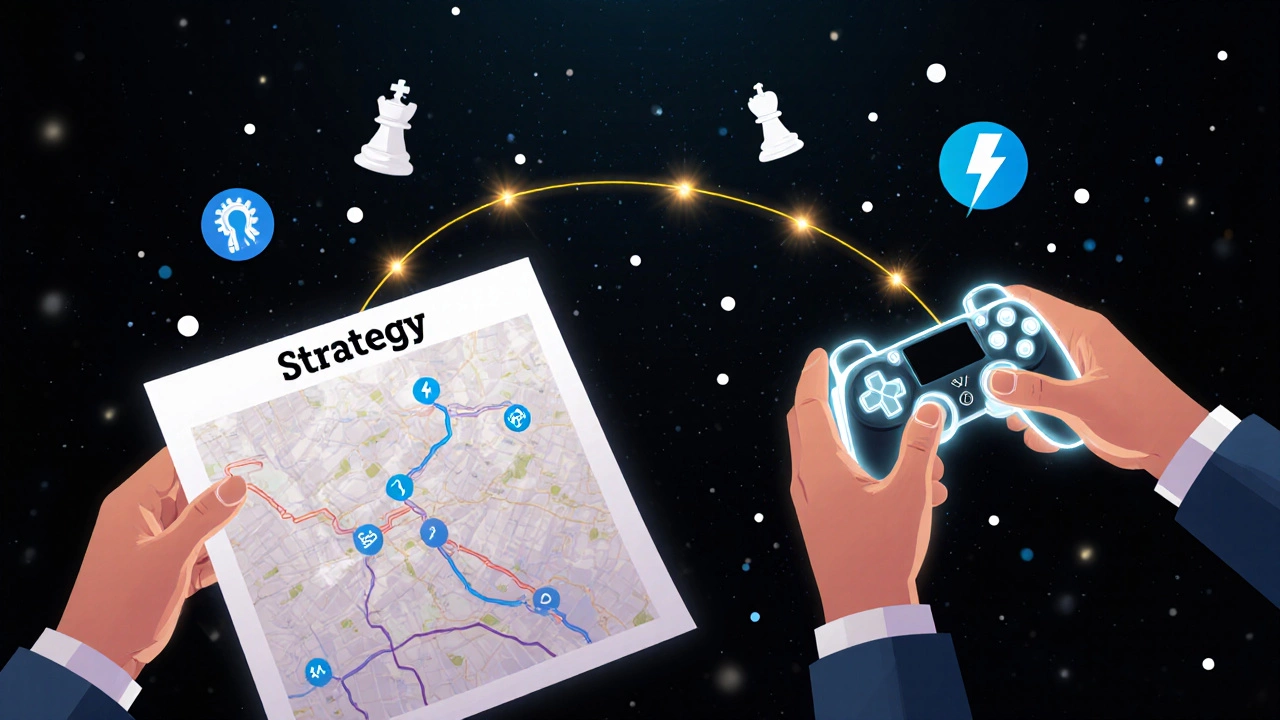 Руки держат карту стратегии и геймпад, соединённые золотой нитью между символами шахмат и молнии.