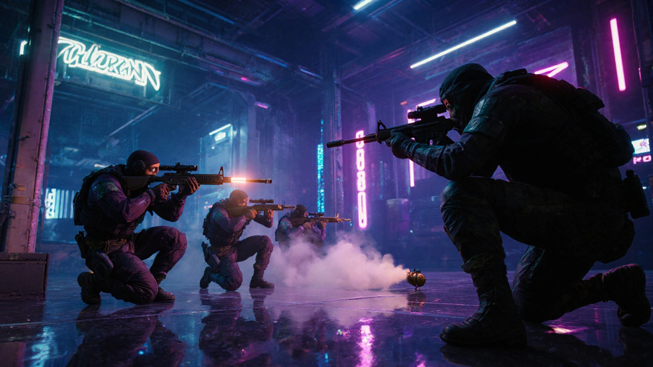 Снайпер в Valorant прицеливается в тёмном аренном зале, вокруг — дым и неоновый свет.