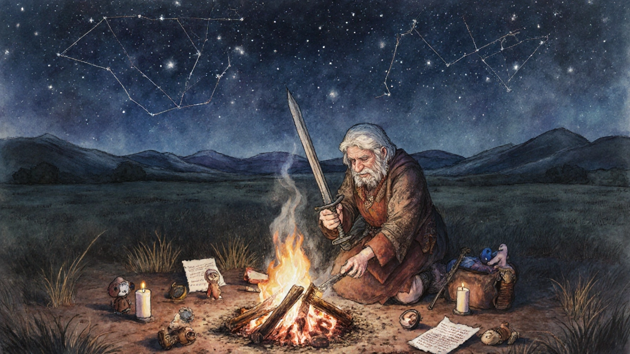 Старая женщина поет у костра, вокруг нее лежат артефакты прошлого, звезды образуют мифические узоры.