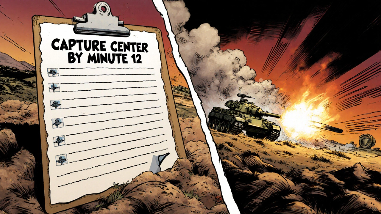 Танк в восточной пустыне выполняет фланговый маневр, на фоне — план победы и боевое действие.