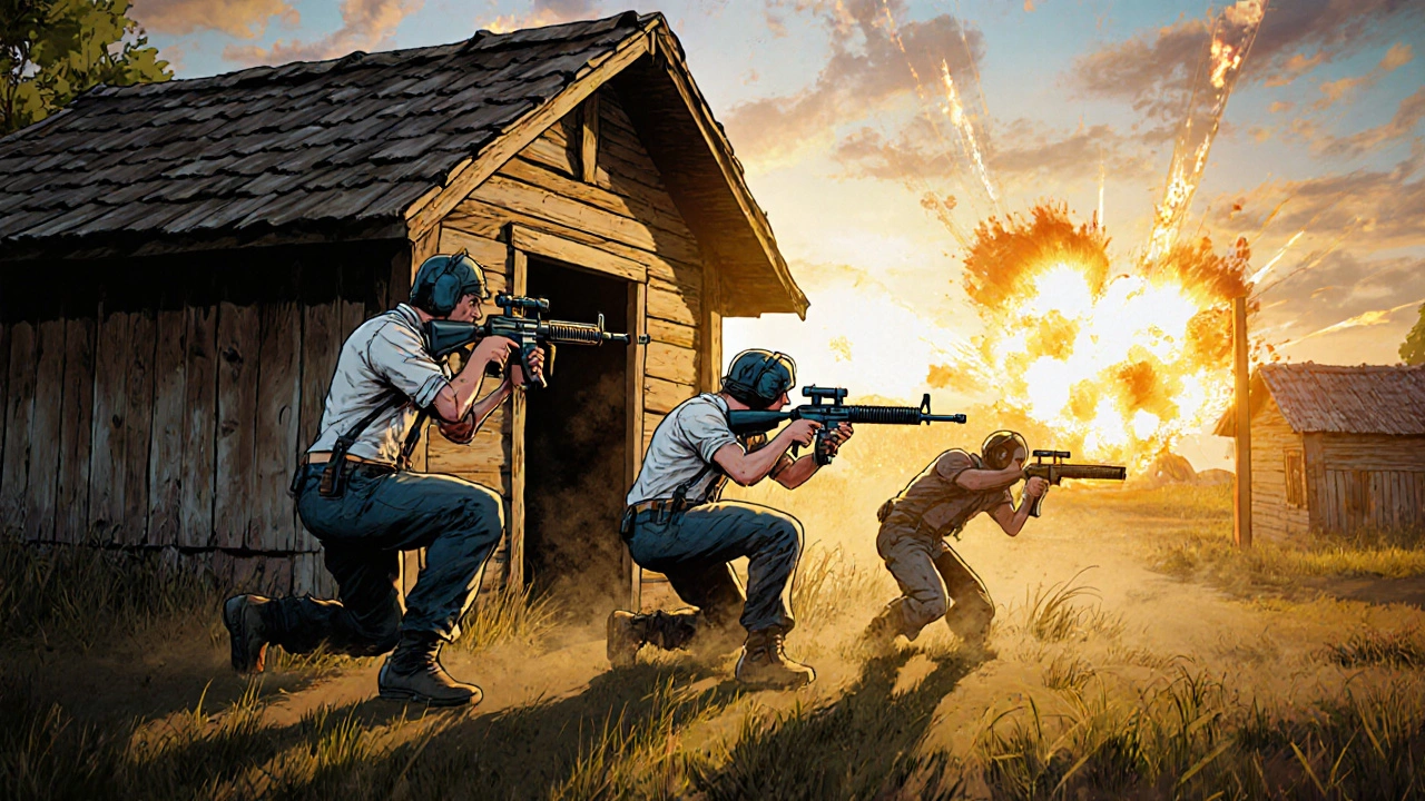 Трое друзей в деревне играют в PUBG Mobile, прячутся за сараем и общаются через микрофон.