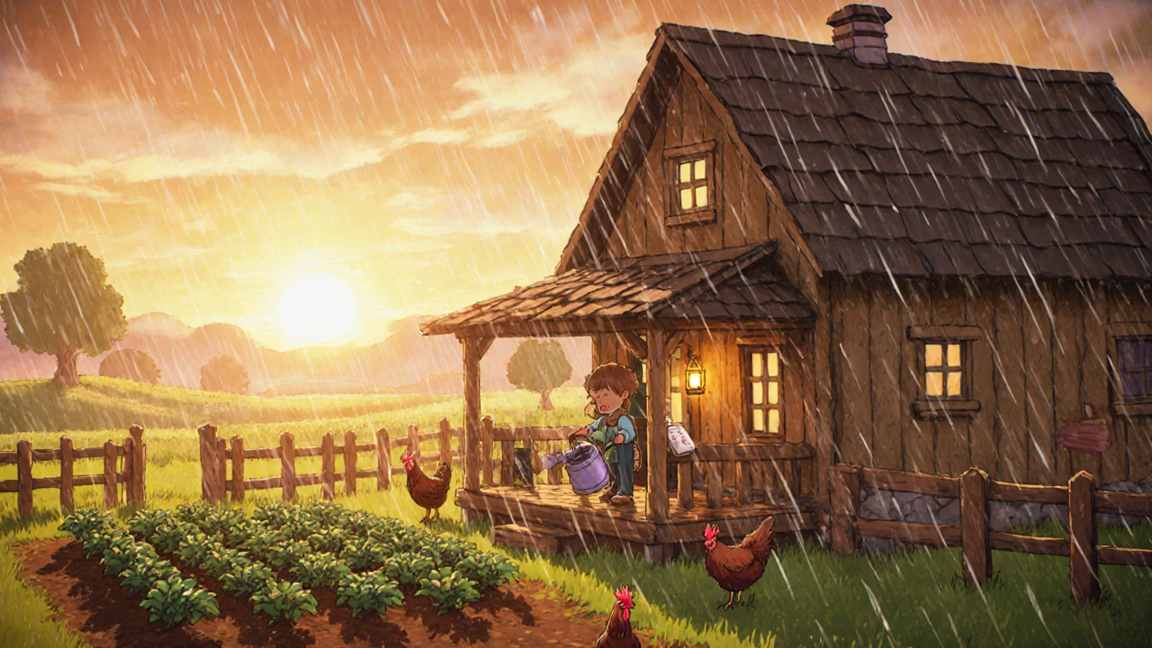Уютная ферма на закате с человеком, поливающим растения, курами и фонарем на веранде.