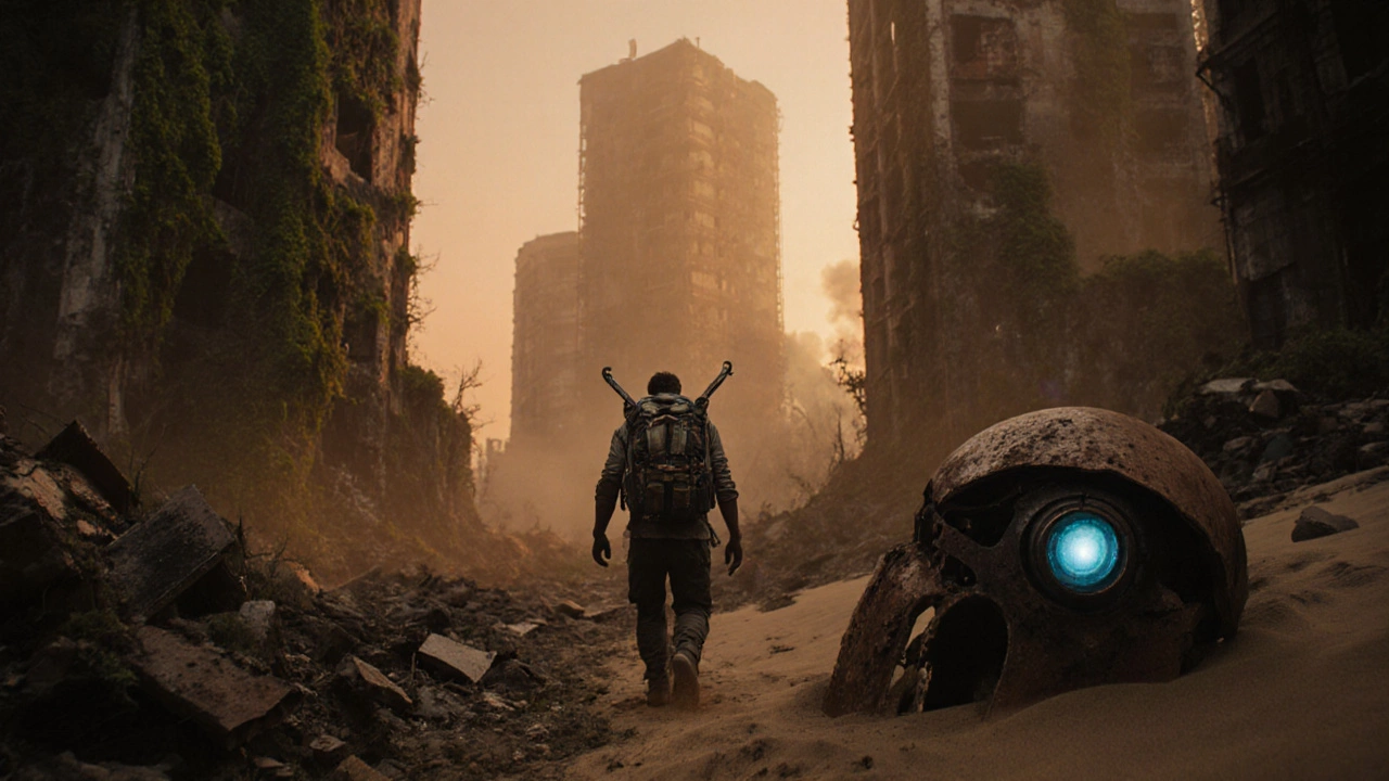 Выживший в постапокалиптическом мире идет среди разрушенных небоскребов, рядом робот.